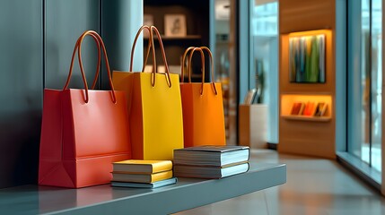 Colorful Shopping Bags Displayed in a Modern Retail Store Interior with Stylish Shelves