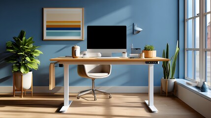 Stylish Home Office Workspace Featuring Modern Desk and Computer with Indoor Plants and Natural Light