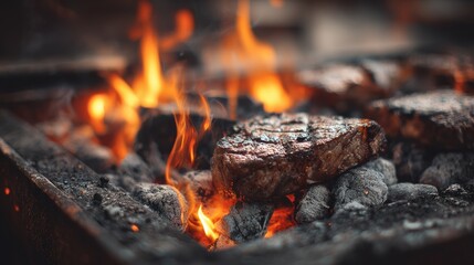 Grilled steak sizzling over hot coals, creating a mouthwatering flame and smoky aroma for a perfect barbecue experience.