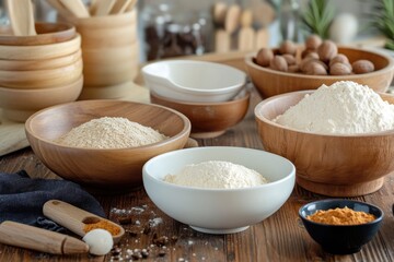 Fototapeta premium Baking ingredients arranged in wooden bowls on a rustic kitchen countertop during daytime