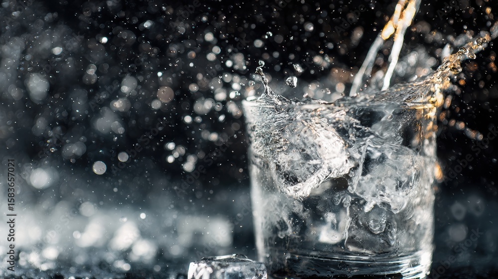 Poster high-speed capture of ice cubes splashing in a glass of water, creating a refreshing and dynamic sce