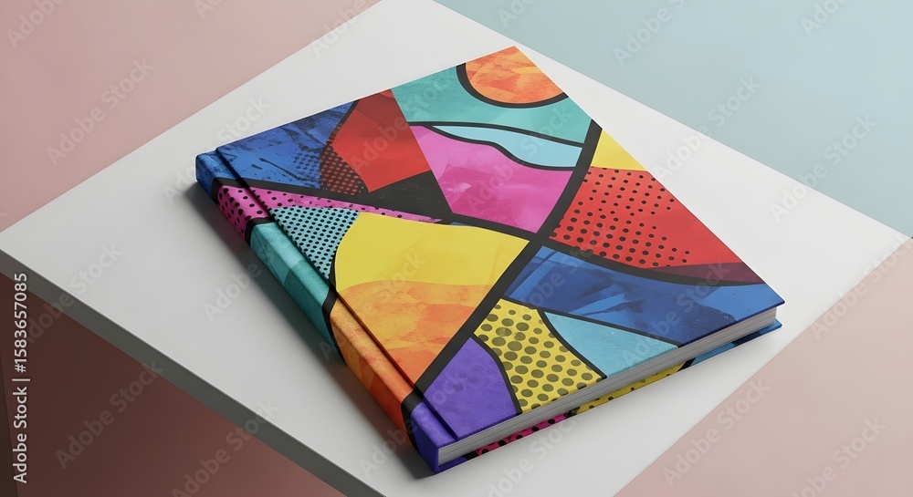 Poster a colorful patterned book resting on a white surface with a pastel background in a studio setting