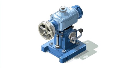 Fototapeta premium Blue illustration of a vintage machine with a wheel and various cylinders
