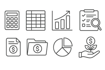 Financial Icons Set. Line style icons of financial careers: calculator, spreadsheet, bar chart, audit checklist. tax file, finance