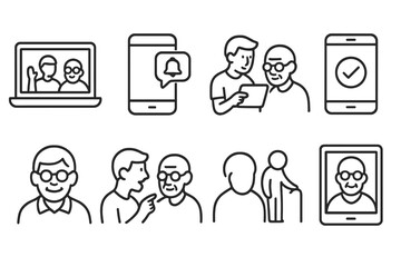 Elder Support Icons. Line style icons of elder support: video call help, message reminder, tech tutorial, remote check-in. senior