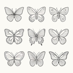 Set of 9 Minimalist Hand-Drawn Butterfly Icons – Vector Collection