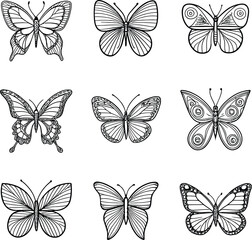 Minimalist Flying Butterfly Line Art Icons – Hand Drawn Vector Art