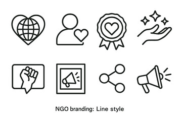 NGO Branding Icons. Line style icons of NGO branding: mission logo, social icon, nonprofit badge, values card. impact slogan,
