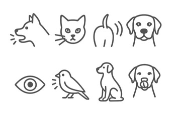 Pet Communication Icons. Line style icons of pet communication: bark symbol, meow icon, wagging tail, ear position. eye contact,