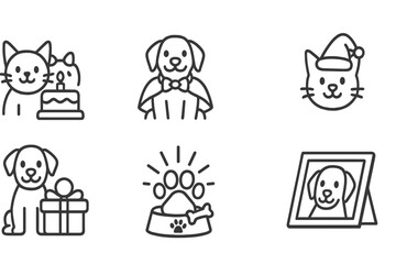 Pet Holiday Icons. Line style icons of pet holidays: pet birthday, costume event, adoption day, holiday hat. gift toy, special