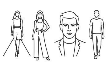 Fashion Model Icons. Line style icons of fashion models: runway model, fashion pose, headshot, full-body icon. male model, female