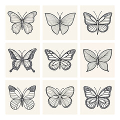 Set of 9 Minimalist Flying Butterfly Line Art Icons – Hand-Drawn Style