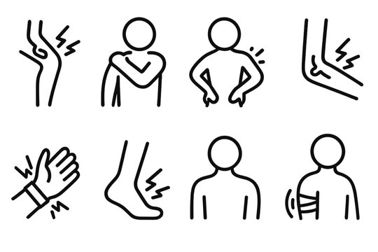Injury Icon Collection. Line style icons of injury areas: knee pain, shoulder injury, back strain, elbow fracture. wrist sprain,