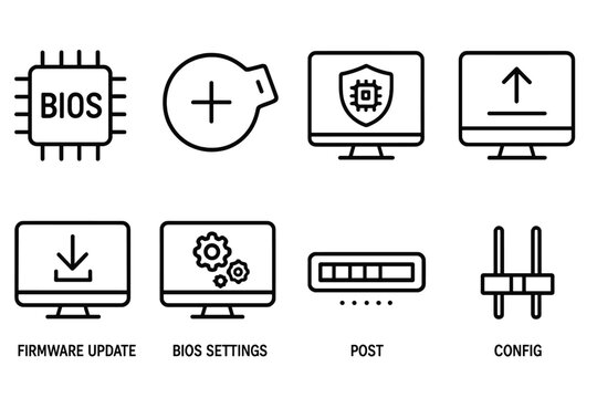 BIOS and Firmware Icons. Line style icons of BIOS and firmware: BIOS chip, CMOS battery, UEFI icon, boot screen. firmware update,