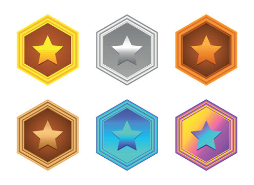 Set of colorful hexagon star badges in various ranks like gold, silver, bronze, and gradient. Ideal for game rewards, achievement icons, VIP levels, mobile UI, and app gamification features.