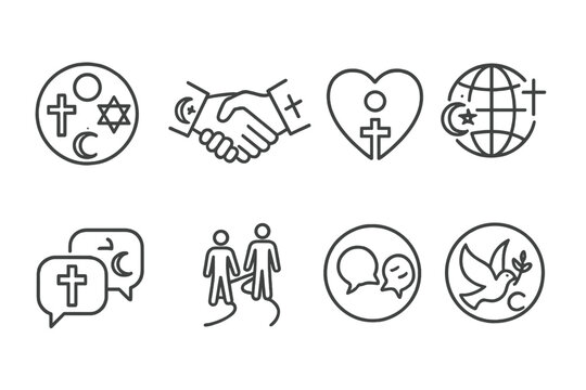 Interfaith Unity Icons. Line style icons of interfaith unity: multi-faith circle, handshake between beliefs, tolerance heart,