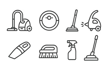 Fototapeta premium Cleaning Tools Illustrations. Line style icons of cleaning appliances: vacuum cleaner, robotic vacuum, mop, steam cleaner.