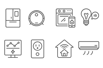 Smart Home Icons. Line style icons of new-generation appliances: smart fridge, AI vacuum, app-controlled oven, voice-activated