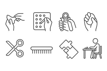 Occupational Therapy Tools. Line style icons of occupational therapy: therapy putty, peg board, grip trainer, hand exercise.