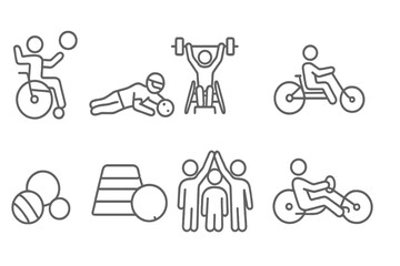 Adaptive Sports Icons. Line style icons of adaptive sports: wheelchair basketball, goalball player, inclusive gym, adapted bike.