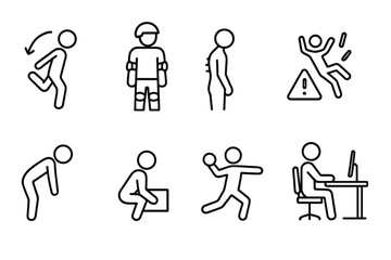 Injury Prevention Icons. Line style icons of injury prevention: warm-up icon, protective gear, posture correction, fall warning.