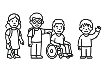 Inclusive Student Icons. Line style icons of diverse students: girl with cane, boy with glasses, student in wheelchair,