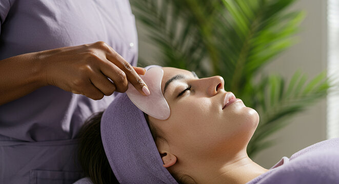 Performing a relaxing facial massage using a rose quartz gua sha tool for skin rejuvenation