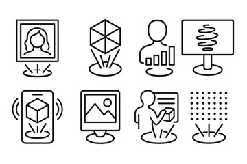 Futuristic Holographic Icons. Line style icons of future digital art: holographic art icon, 3D projection badge, hologram viewer