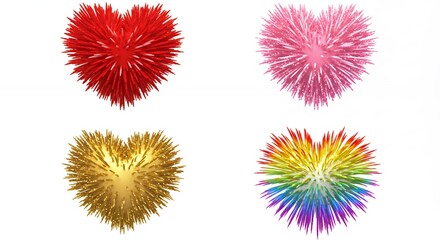 Colorful fluffy heart shapes on white background