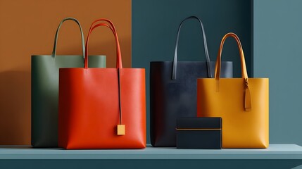 Collection of Vibrant Leather Handbags in Various Colors Displayed on a Geometric Background