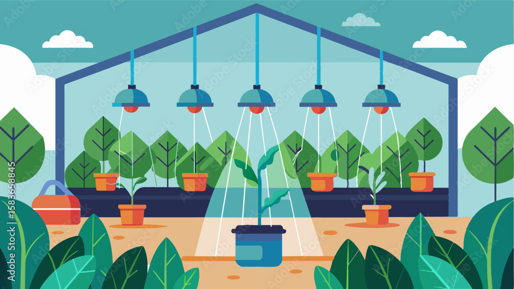 Poster an illustration of a greenhouse filled with different crops each receiving precise amounts of water 