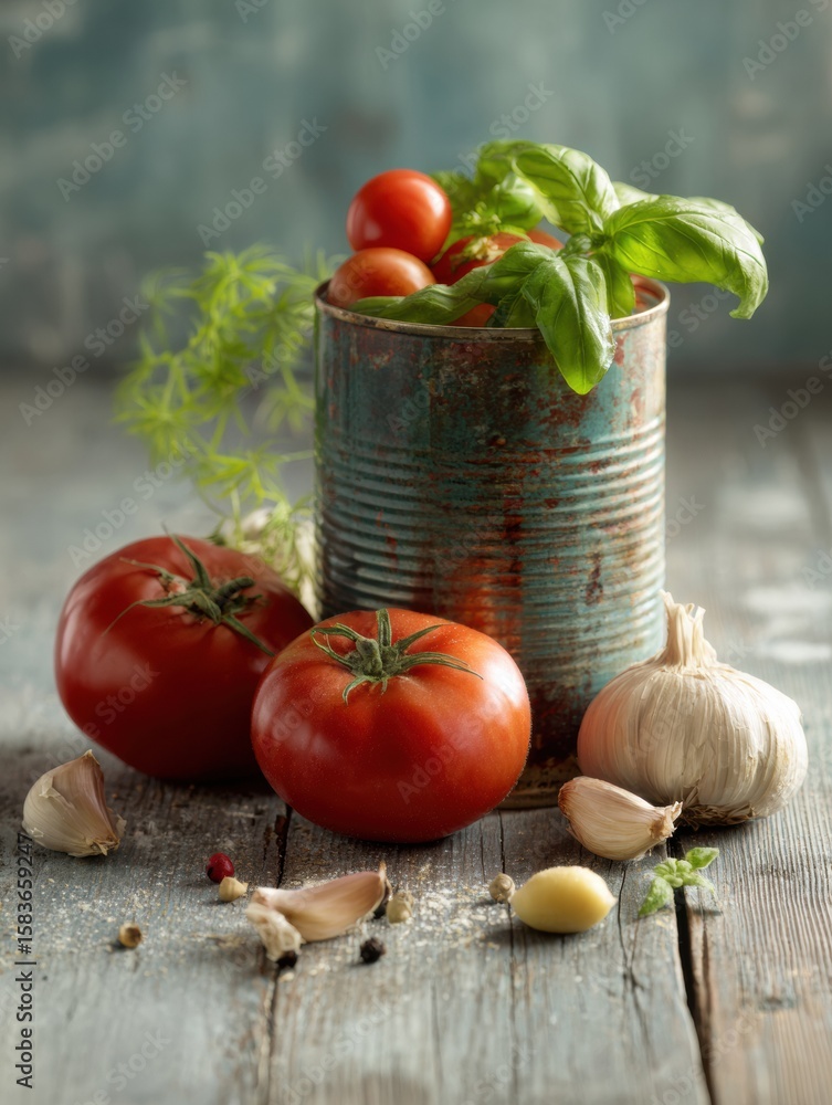 Poster still life arrangement of a tomato can with fresh basil and garlic in a rustic kitchen setting for c