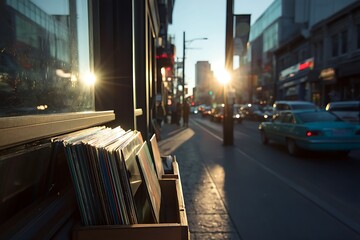 Sun-drenched vinyl records outside a street-level shop, symbolizing music culture, urban lifestyle, and nostalgic moments at golden hour.