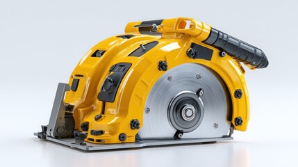 Fototapeta premium Bright yellow circular saw tool with silver blade against a plain white backdrop