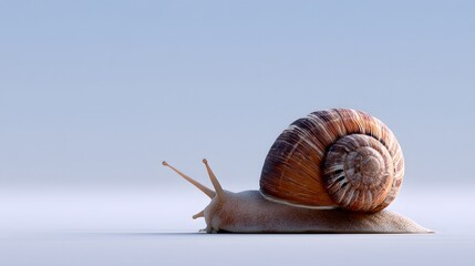 Close Up of a Snail with a Spiral Shell Gliding on a Smooth Surface in Natural Lighting
