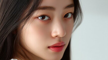 Obraz premium Close-up of a young woman's beautiful face with a warm smile, her captivating eyes and flowing hair highlighting her youthful expression