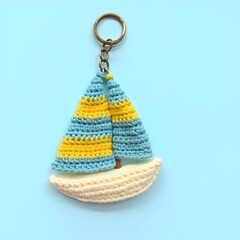 Fototapeta premium 3D crochet keychain featuring a sailboat with a brightly colored, horizontally striped sail, comprising alternating bands of sky blue, sunshine yellow