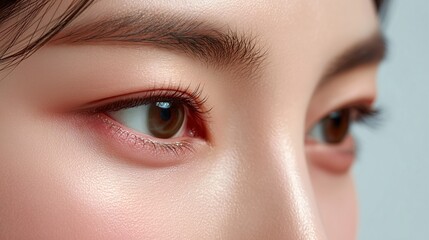 Fototapeta premium Close-up macro of a woman's beautiful blue eye with long eyelashes, defined eyebrow, and intricate iris