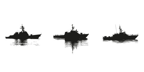 Fototapeta premium Naval Warships Silhouette Set. Maritime Defense And Military Vessel Collection. Security And Strategic Use. Isolated Vector Illustration
