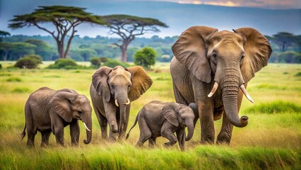 Elephant Family Frolic: Majestic Adult with Playful Calves in Lush Savannah Paradise
