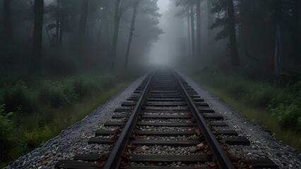 Fototapeta premium Train tracks disappearing into a dense foggy forest with tall trees