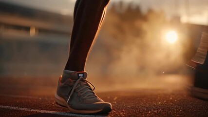 a fit young man tying running shoes on track field at sunrise, motivational tone