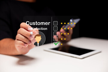 A person interacting with a digital interface showing a customer satisfaction rating with five...