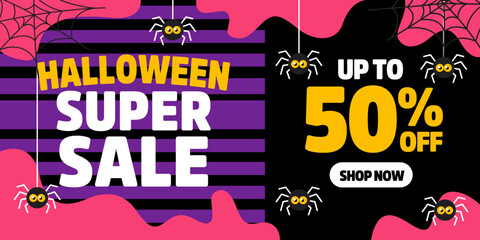 Halloween Promotion sale banner design. Halloween spooky night sale. Halloween Sale poster template with spider. Halloween Sale concept. Halloween promotion poster. Halloween discount background