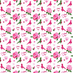 A soft seamless pattern featuring pink roses, hearts, and flat-style birds. Perfect for kids' textiles, gift wrapping, romantic decor
