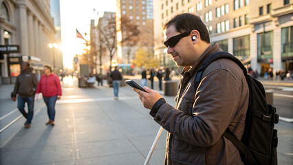 Visually Impaired Man Using Smartphone on City Street with Backpack and Cane Modern Technology and Accessibility in Urban Environment at Sunset