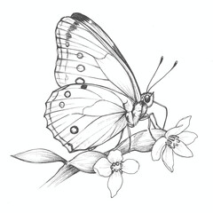 Crescent Butterfly &ndash; Phyciodes tharos. Graceful butterfly resting on flowering branch with soft pencil shading and delicate wings. Botanical illustration concept
