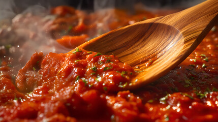 Wooden spoon stirring steaming hot tomato sauce with herbs
