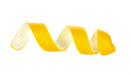 Vivid yellow lemon zest elegantly curls against a contrasting dark backdrop, creating a refreshing, citrusy visual for culinary or beverage design, transparent background
