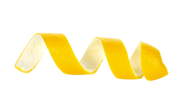 Vivid yellow lemon zest elegantly curls against a contrasting dark backdrop, creating a refreshing, citrusy visual for culinary or beverage design, transparent background